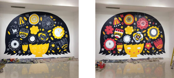 Mural by illustrator Allison Cole 3 Two images of the creation of a mural by illustrator Allison Cole