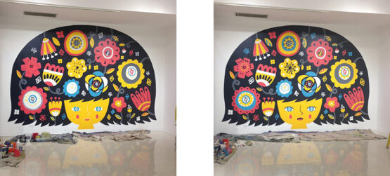 Mural by illustrator Allison Cole 4 Two images of the creation of a mural by illustrator Allison Cole