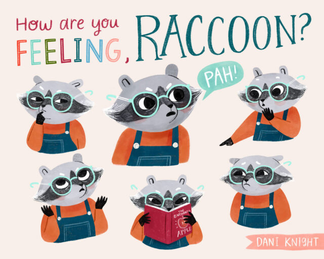 How to write, illustrate and pitch your book 3 Dani Knight Expressions for her raccoon character in illustrating childrens books by Make Art That Sells