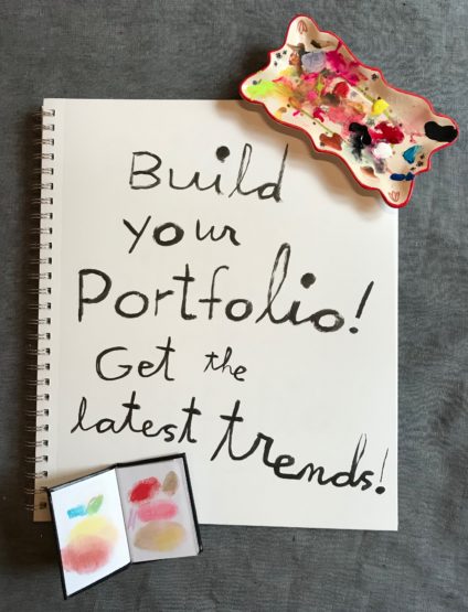Handlettering with a quote 'Build your portfolio! Get the latest trends!