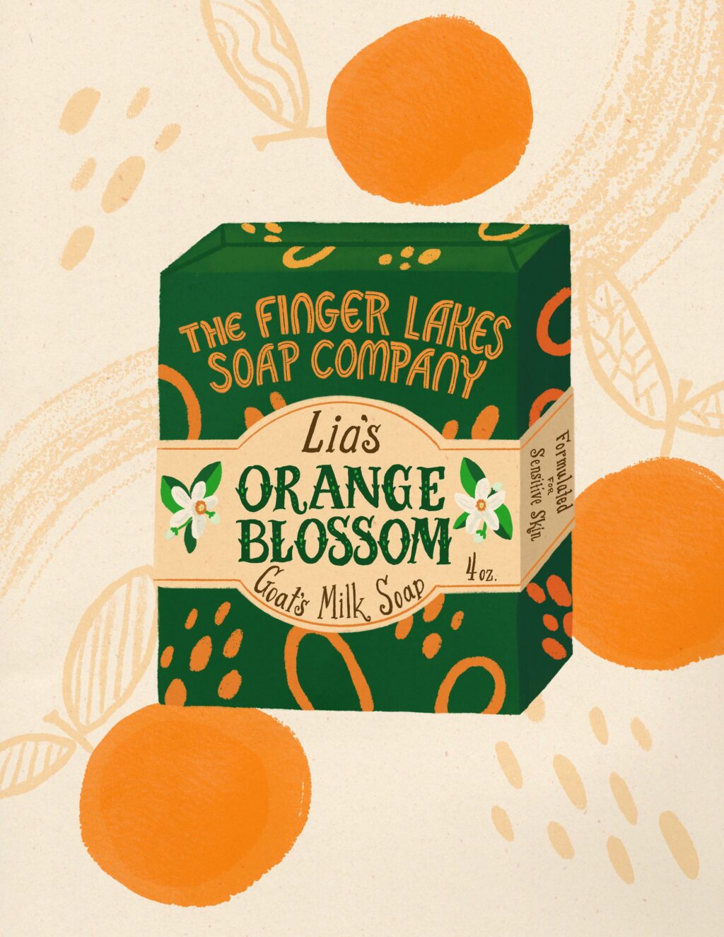 KARA LIN Orange Blossom Soap packaging design for Assignment Bootcamp Lettering