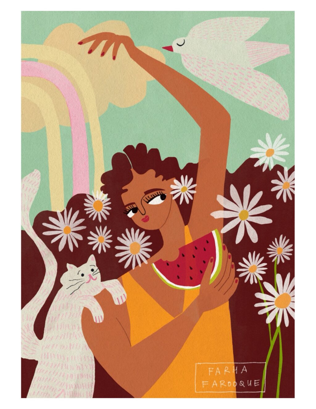 Lost In My World Lost In My World by Farha Farooque. Illustration showing a woman eating melon, surrounded by flowers, Acat perched on her shoulder