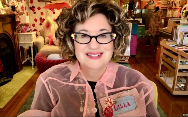 Lilla pink with name badge. Teacher of Make Art That Sells online art courses