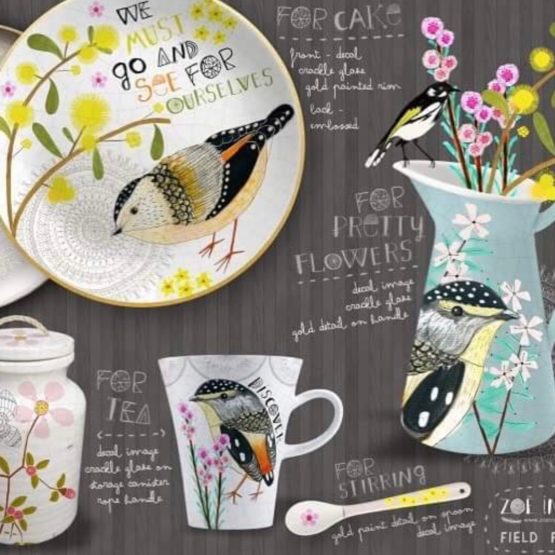 Zoe Ingram's home décor collection featuring birds and flowers