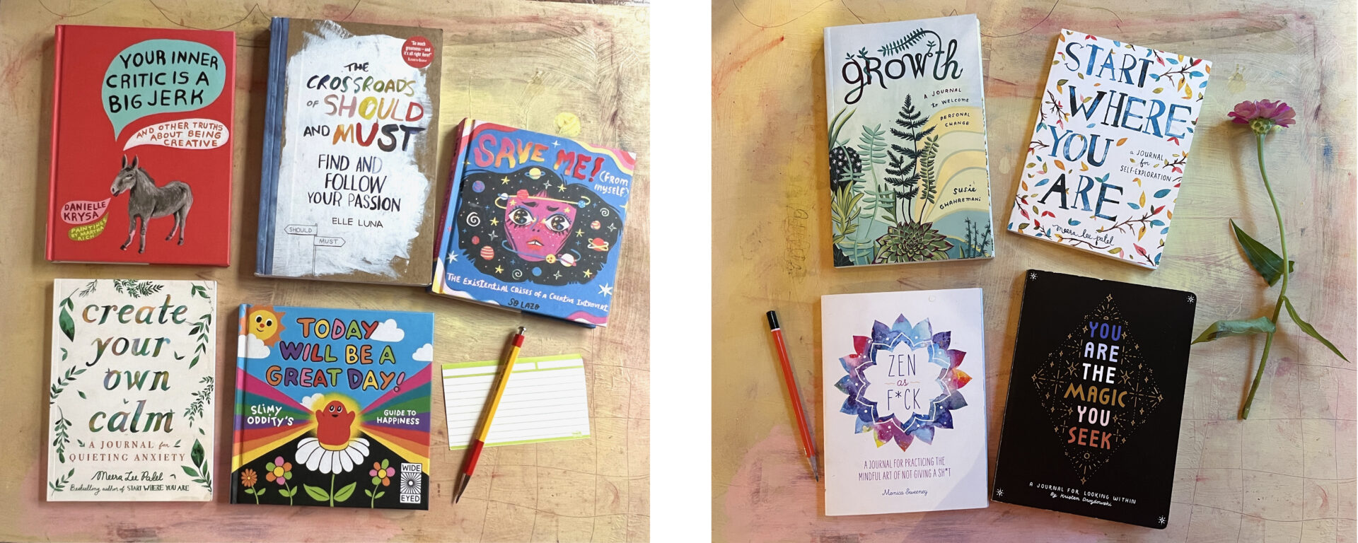 arty book flatlay montage