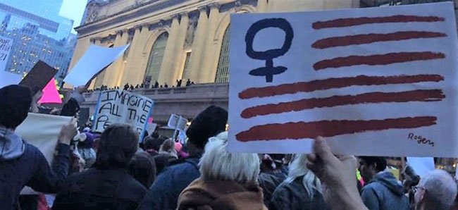 flaginmarchcrowd Make Art That Sells How Lilla Rogers’ flag ended up on stage with Elizabeth Warren