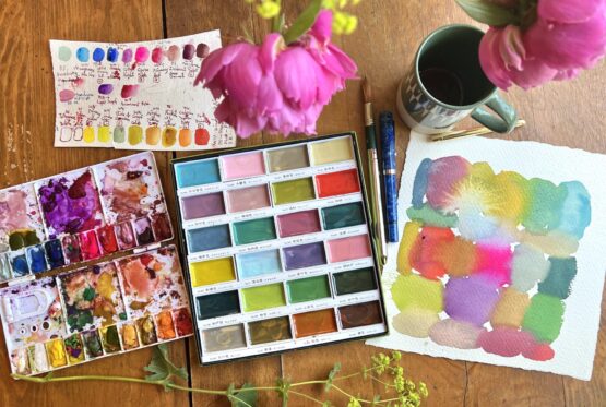 flatlay watercolors flatlay watercolors for online art course Color Quest
